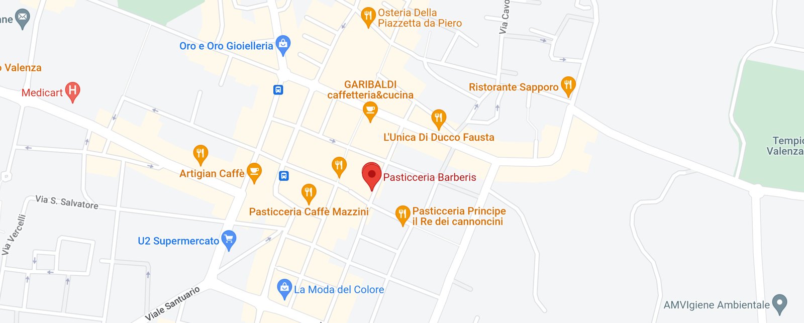 Cartina del centro di Valenza con la posizione della Pasticceria Barberis